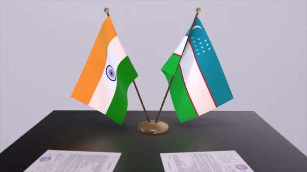 stock image Uzbekistan and India national flags. Partnership deal 3D illustration, politics and business agreement cooperation.