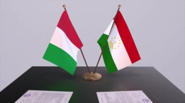 Tacikistan ve İtalya 'nın ülke bayrağı animasyonda. Politika ve iş anlaşması veya anlaşma