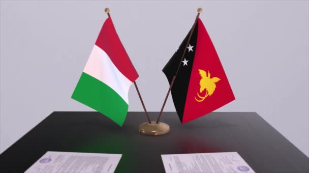 Papua Neuguinea Und Italien Flaggen Animation Politik Und Wirtschaft Abkommen — Stockvideo