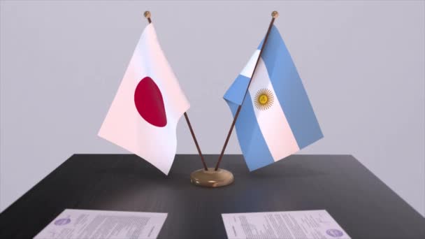 Argentinië Japan Nationale Vlaggen Politieke Overeenkomst Diplomatieke Bijeenkomst Politiek Zakelijke — Stockvideo