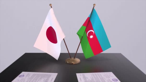Azerbaiyán Japón Banderas Nacionales Acuerdo Político Reunión Diplomática Política Animación — Vídeos de Stock