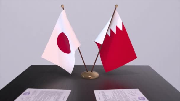 Bahrein Japan Nationale Vlaggen Politieke Overeenkomst Diplomatieke Bijeenkomst Politiek Zakelijke — Stockvideo