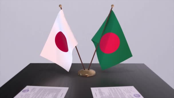 Bangladesz Japonia Flagi Narodowe Porozumienie Polityczne Spotkanie Dyplomatyczne Polityka Aktywizacja — Wideo stockowe