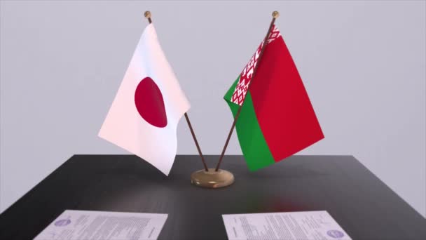 Belarus Japan National Flags Political Deal Diplomatic Meeting Politics Business — Stock Video