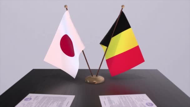 Bélgica Japón Banderas Nacionales Acuerdo Político Reunión Diplomática Política Animación — Vídeos de Stock