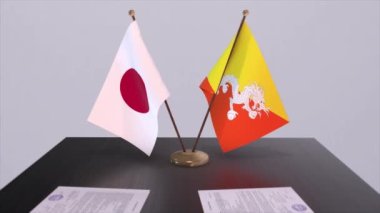 Butan ve Japonya ulusal bayrakları, siyasi anlaşma, diplomatik toplantı. Politika ve iş animasyonu