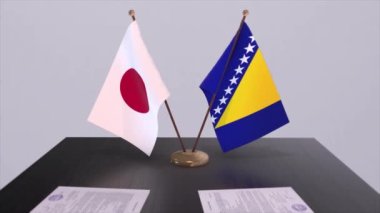 Bosna-Hersek ve Japonya ulusal bayrakları, siyasi anlaşma, diplomatik toplantı. Politika ve iş animasyonu