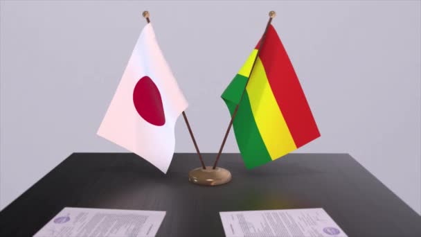 Boliwia Japonia Flagi Narodowe Umowa Polityczna Spotkanie Dyplomatyczne Polityka Aktywizacja — Wideo stockowe