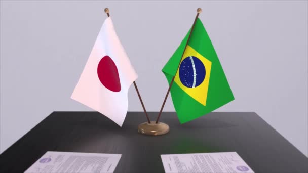 Flagi Narodowe Brazylii Japonii Porozumienie Polityczne Spotkanie Dyplomatyczne Polityka Aktywizacja — Wideo stockowe