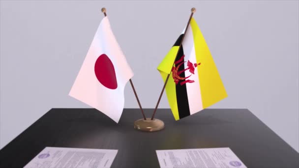Bandeiras Nacionais Brunei Japão Acordo Político Reunião Diplomática Política Animação — Vídeo de Stock