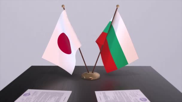 Bulgaria Japón Banderas Nacionales Acuerdo Político Reunión Diplomática Política Animación — Vídeos de Stock