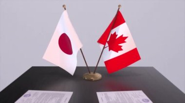 Kanada ve Japonya ulusal bayrakları, politik anlaşma, diplomatik toplantı. Politika ve iş animasyonu