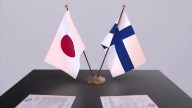Finlandiya ve Japonya ulusal bayrakları, siyasi anlaşma, diplomatik toplantı. Politika ve iş animasyonu