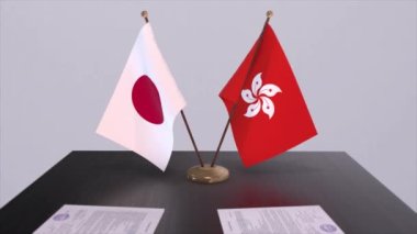 Hong Kong ve Japonya ulusal bayrakları, politik anlaşma, diplomatik toplantı. Politika ve iş animasyonu