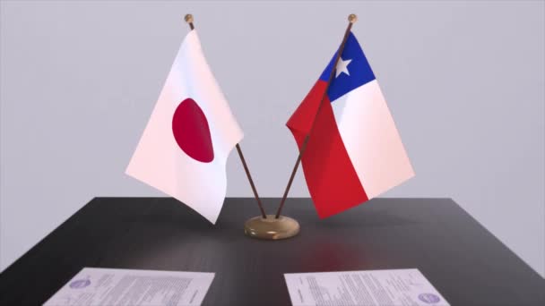Şili Japonya Ulusal Bayrakları Politik Anlaşma Diplomatik Toplantı Politika Animasyonu — Stok video