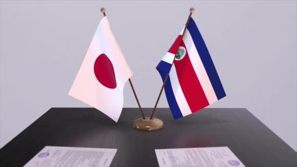Costa Rica Giappone Bandiere Nazionali Accordo Politico Incontro Diplomatico Politica — Video Stock