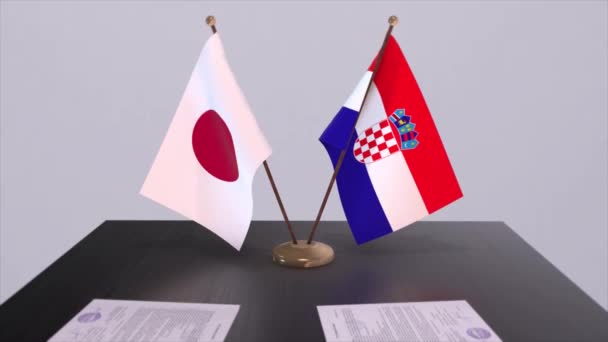 Nationalflaggen Kroatiens Und Japans Politischer Deal Diplomatisches Treffen Animation Aus — Stockvideo