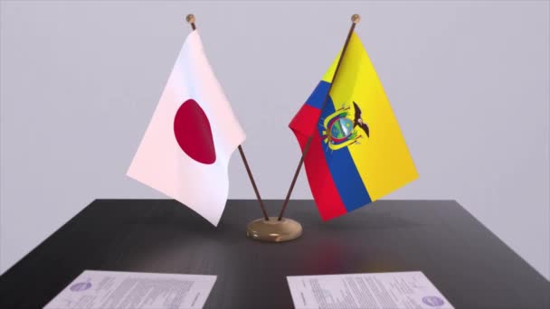 Flagi Narodowe Ekwadoru Japonii Porozumienie Polityczne Spotkanie Dyplomatyczne Polityka Aktywizacja — Wideo stockowe
