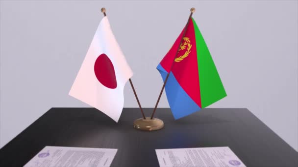 Banderas Nacionales Eritrea Japón Acuerdo Político Reunión Diplomática Política Animación — Vídeos de Stock