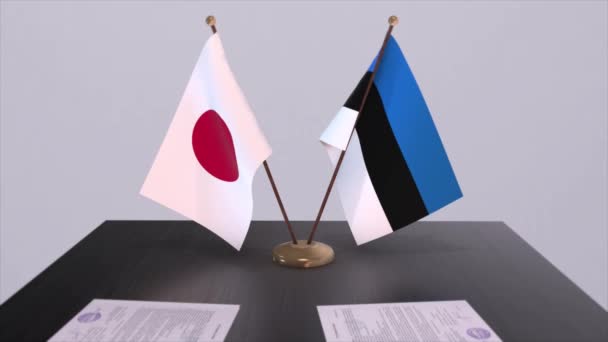 Estonya Japonya Ulusal Bayrakları Siyasi Anlaşma Diplomatik Toplantı Politika Animasyonu — Stok video