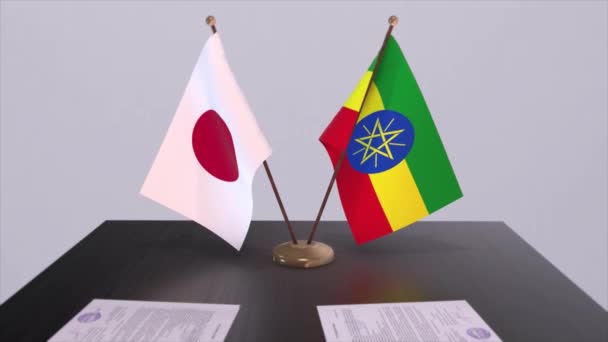 Etiópia Japán Nemzeti Zászlók Politikai Megállapodás Diplomáciai Találkozó Politika Üzleti — Stock videók