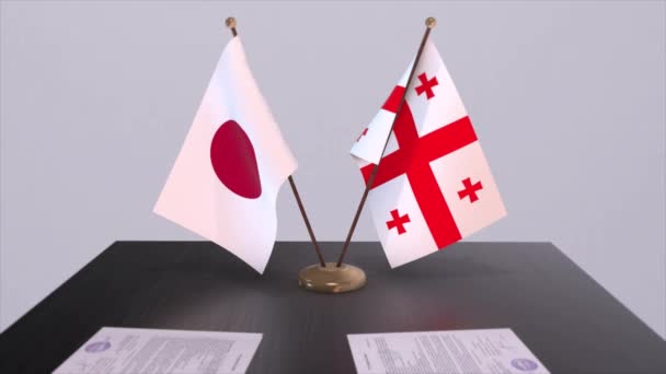 Gürcistan Japonya Ulusal Bayrakları Siyasi Anlaşma Diplomatik Toplantı Politika Animasyonu — Stok video