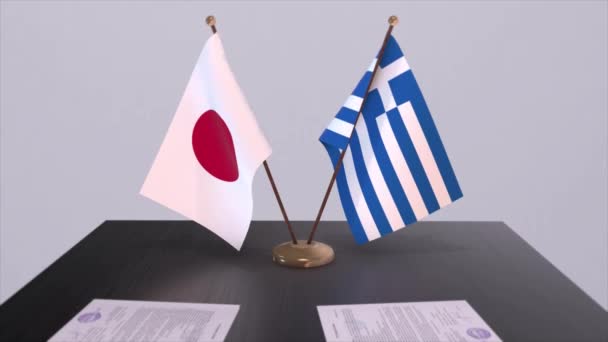 Nationalflaggen Griechenlands Und Japans Politischer Deal Diplomatisches Treffen Animation Aus — Stockvideo