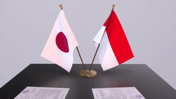 Flagi Narodowe Indonezji Japonii Porozumienie Polityczne Spotkanie Dyplomatyczne Polityka Aktywizacja — Wideo stockowe