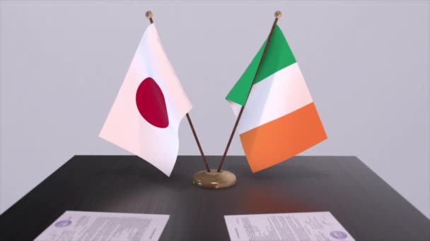 Nationalflaggen Irlands Und Japans Politischer Deal Diplomatisches Treffen Animation Aus — Stockvideo