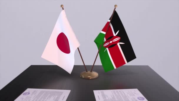 Kenya Och Japan Nationella Flaggor Politisk Uppgörelse Diplomatiskt Möte Politik — Stockvideo