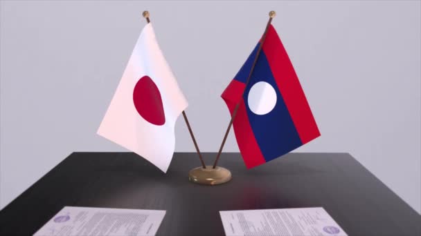 Laos Giappone Bandiere Nazionali Accordo Politico Incontro Diplomatico Politica Animazione — Video Stock