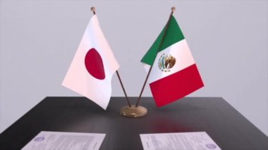 Meksika ve Japonya ulusal bayrakları, politik anlaşma, diplomatik toplantı. Politika ve iş animasyonu