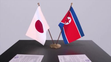 Kuzey Kore ve Japonya ulusal bayrakları, politik anlaşma, diplomatik toplantı. Politika ve iş animasyonu