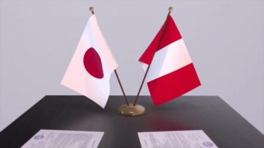 Peru ve Japonya ulusal bayrakları, politik anlaşma, diplomatik toplantı. Politika ve iş animasyonu