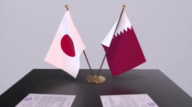Katar ve Japonya ulusal bayrakları, siyasi anlaşma, diplomatik toplantı. Politika ve iş animasyonu