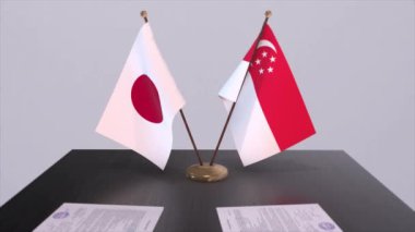 Singapur ve Japonya ulusal bayrakları, politik anlaşma, diplomatik toplantı. Politika ve iş animasyonu