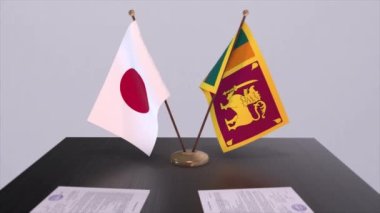 Sri Lanka ve Japonya ulusal bayrakları, siyasi anlaşma, diplomatik toplantı. Politika ve iş animasyonu