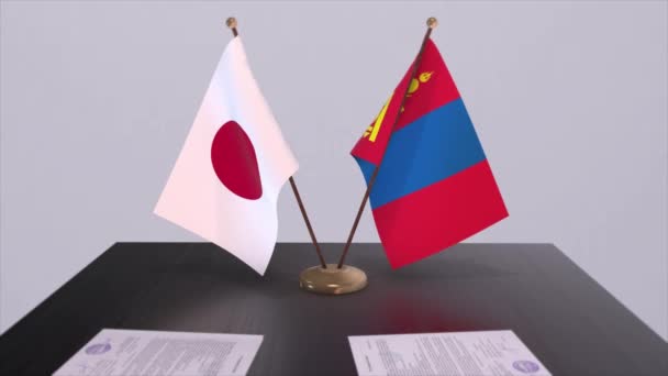 Mongolia Japón Banderas Nacionales Acuerdo Político Reunión Diplomática Política Animación — Vídeos de Stock