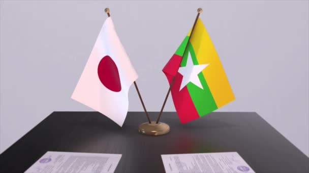 Myanmar Japonya Ulusal Bayrakları Politik Anlaşma Diplomatik Toplantı Politika Animasyonu — Stok video