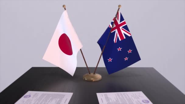 ニュージーランドと日本の国旗 政治取引 外交会議 ビジネスアニメーション — ストック動画