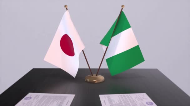 Nigeria Dan Jepang Bendera Nasional Kesepakatan Politik Pertemuan Diplomatik Animasi — Stok Video
