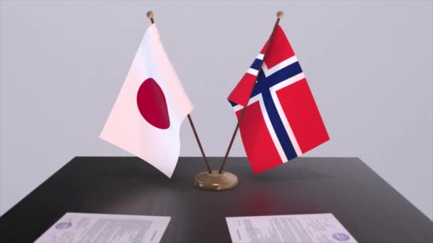 Norwegia Dan Jepang Bendera Nasional Kesepakatan Politik Pertemuan Diplomatik Animasi — Stok Video