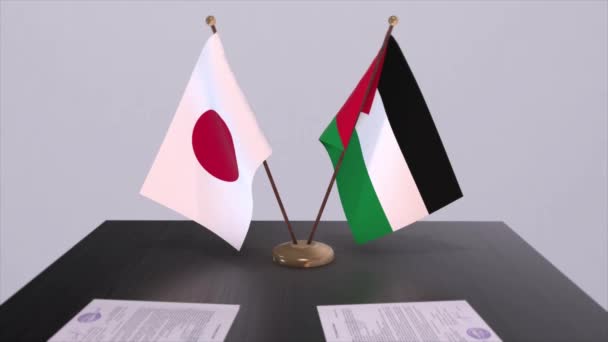 巴勒斯坦和日本国旗 政治交易 外交会议 政治和商业动画 — 图库视频影像