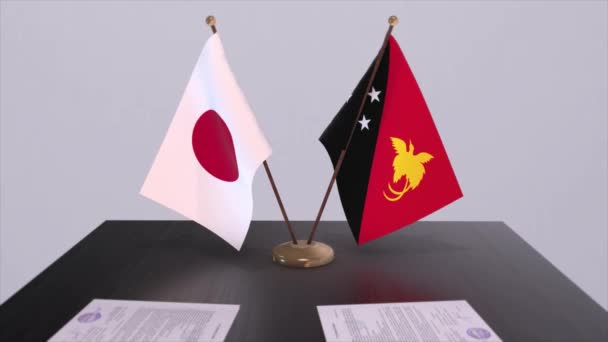 Nationalflaggen Papua Neuguineas Und Japans Politische Einigung Diplomatisches Treffen Animation — Stockvideo