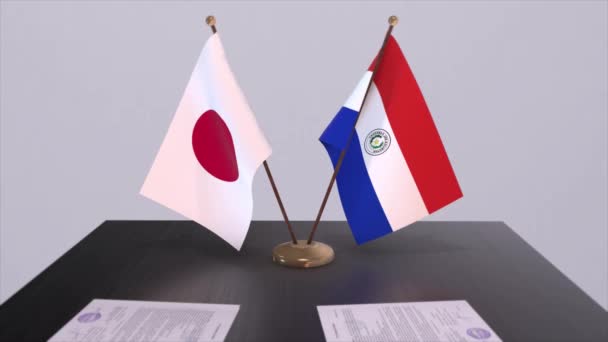 Paragwaj Japonia Flagi Narodowe Umowa Polityczna Spotkanie Dyplomatyczne Polityka Aktywizacja — Wideo stockowe