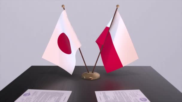 Polen Och Japan Nationella Flaggor Politisk Överenskommelse Diplomatiskt Möte Politik — Stockvideo
