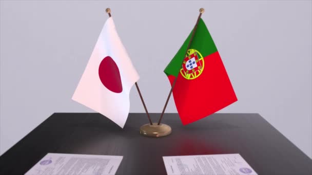 Flagi Narodowe Portugalii Japonii Porozumienie Polityczne Spotkanie Dyplomatyczne Polityka Aktywizacja — Wideo stockowe