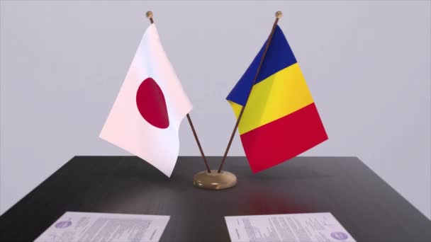 Národní Vlajky Rumunska Japonska Politická Dohoda Diplomatické Setkání Politika Podnikatelská — Stock video