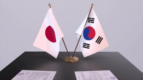 Coreia Sul Japão Bandeiras Nacionais Acordo Político Reunião Diplomática Política — Vídeo de Stock