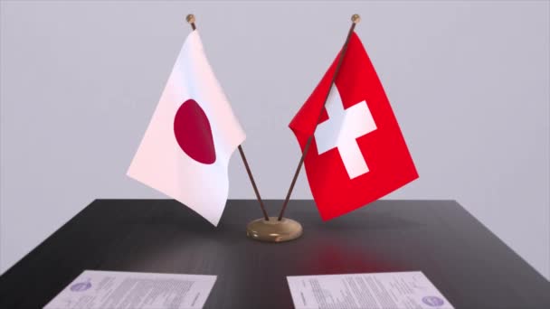 Sviçre Japonya Ulusal Bayrakları Siyasi Anlaşma Diplomatik Toplantı Politika Animasyonu — Stok video